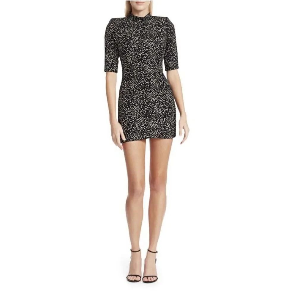 ALICE + OLIVIA Inka Strong-Shoulder Mockneck Mini Dress Black Silver Size 8